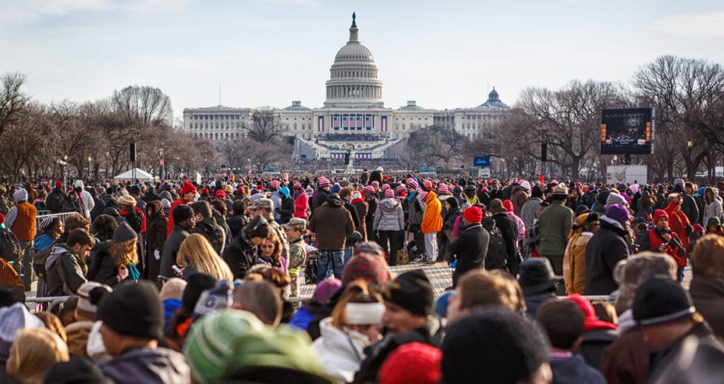 Onlookers observe the 2013 Inauguration of Barack Obama. 