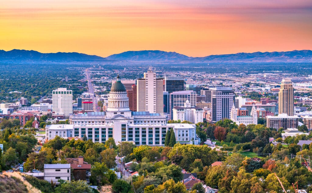 Salt Lake City, Utah, downtown city skyline at dusk.