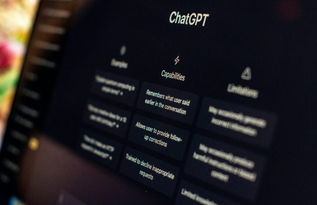 The screen displays the homepage of ChatGPT, an AI language model, which is designed to facilitate communication and provide information to its users.