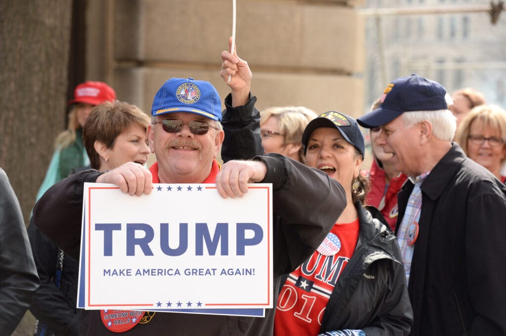 Donald Trump supporter holds sign outside the Peabody Opera House in Downtown Saint Louis in 2016. 