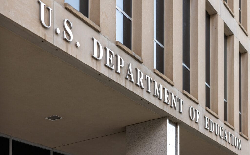 Oblique angle of the Entrance of the Lyndon B. Johnson Department of Education building in Washington, DC