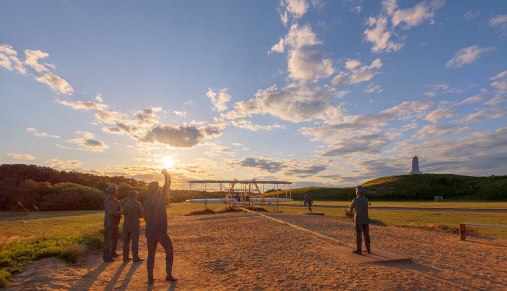 Kill Devil Hills, North Carolina, USA - May 5, 2023: Recreation of the first flight by the Wright Brothers at the Wright Brothers National Memorial.