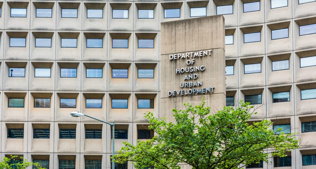 Washington Dc: Department of Housing and Urban Development in downtown with closeup of sign and building windows