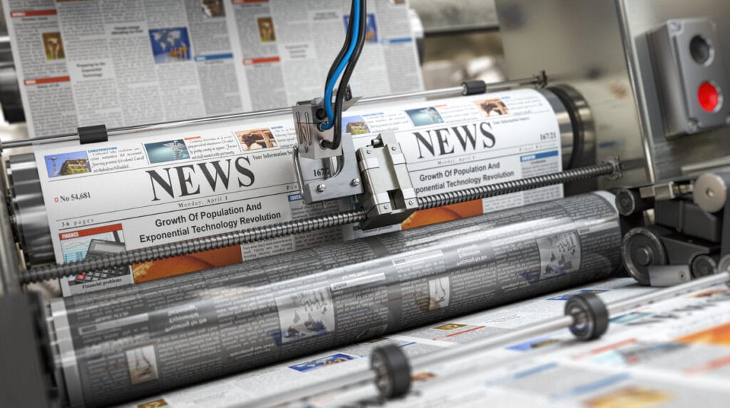 Newspaper on a printing machine in a typography. 3d illustration