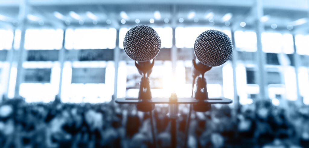 Closeup microphone in auditorium. 