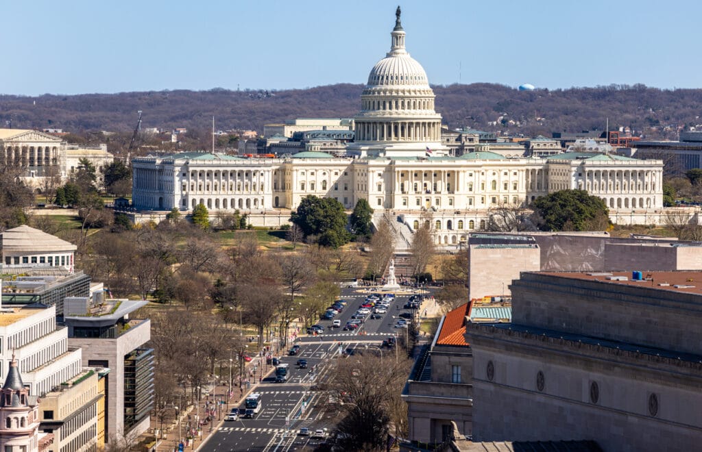 US Capitol Building and Rotunda elevated view in Washington DC.