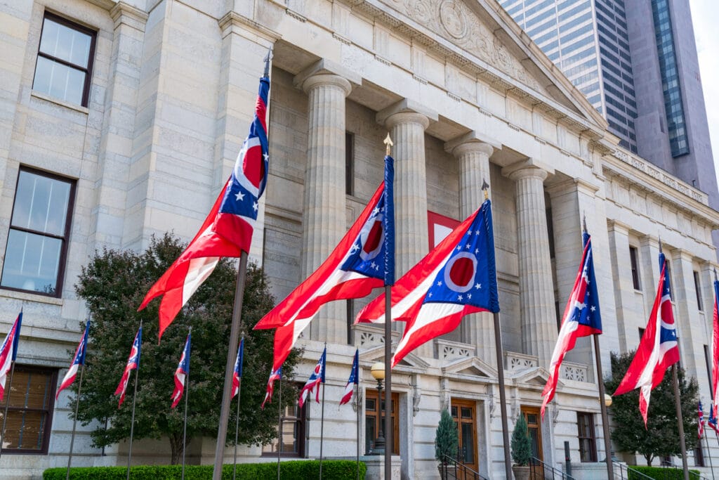 Ohio State Flags at the state capital in Capitol Square in Columbus. 