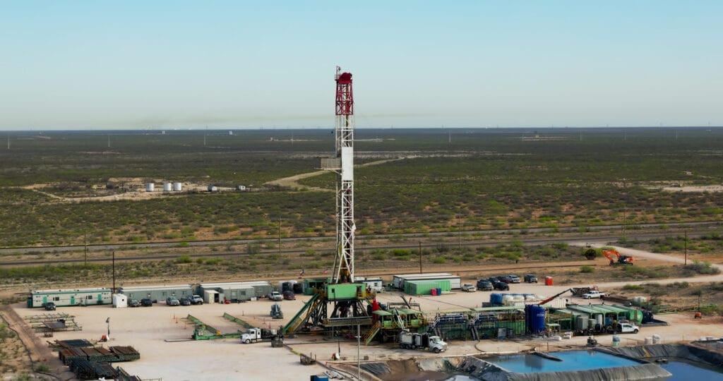 Aerial shot of gas wells near Pyote, Texas in the Permian Basin.