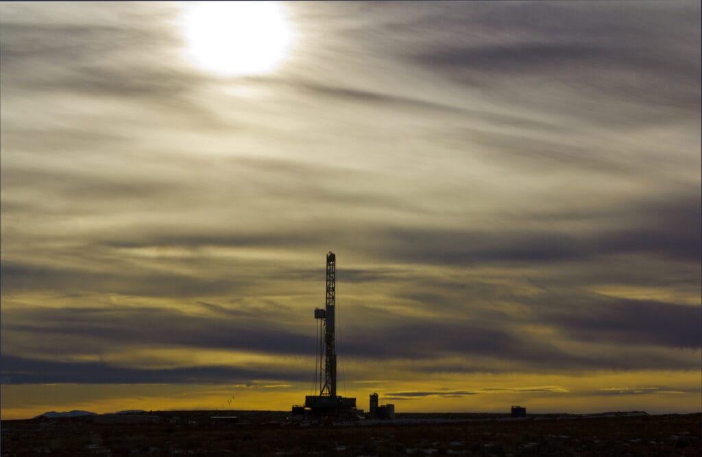 A drilling rig seen at sunset along the road from Dead Horse Point State Park in Utah. 