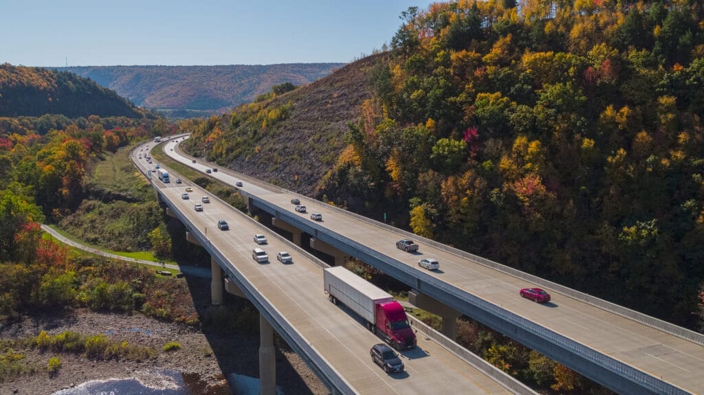 The high bridge at the Pennsylvania Turnpike on the sunny spring day. Lehigh Valley, Poconos region, Pennsylvania, USA.