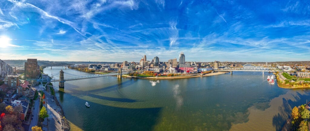 Drone angle view of Cincinnati, Ohio Skyline and River