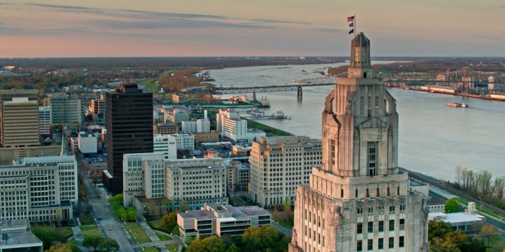 Aerial view of Louisiana state capitol and downtown Baton Rouge, Louisiana on a Fall morning. 