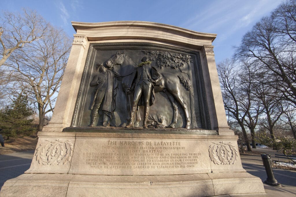 Park Slope, Brooklyn, NY, USA, Feb. 17, 2017: statue of marquis de Lafayette located in Brooklyn, NY, USA