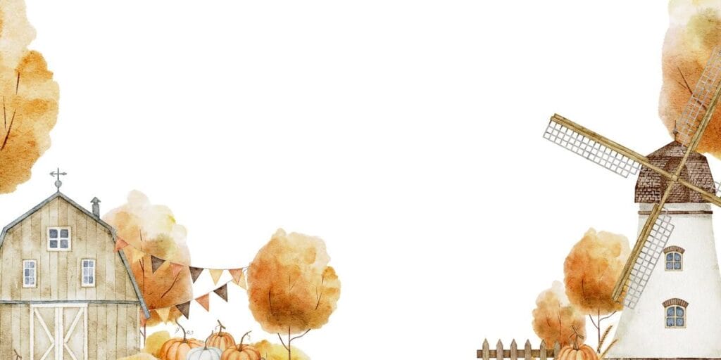 Watercolor Card Template with farm Landscape, pumpkins, windmill, and cart. 