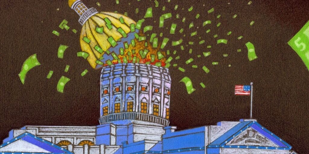 Colored pencil and acrylic illustration of Government Spending blowing the roof off a capital building. Check out my 