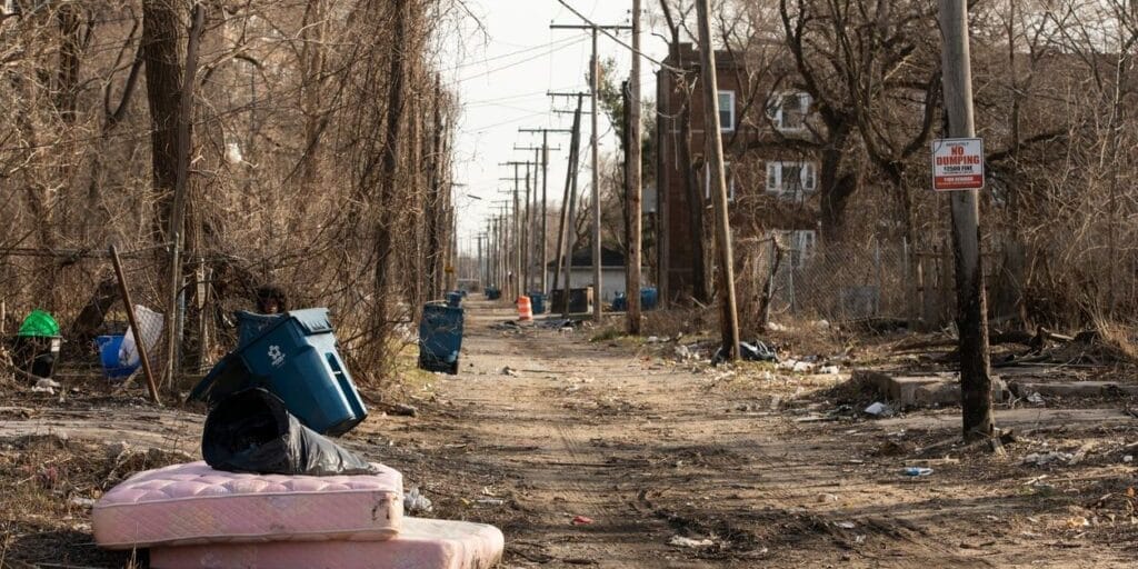 Gary, Indiana, USA - March 28, 2022: Afternoon light shines on a street in Gary.