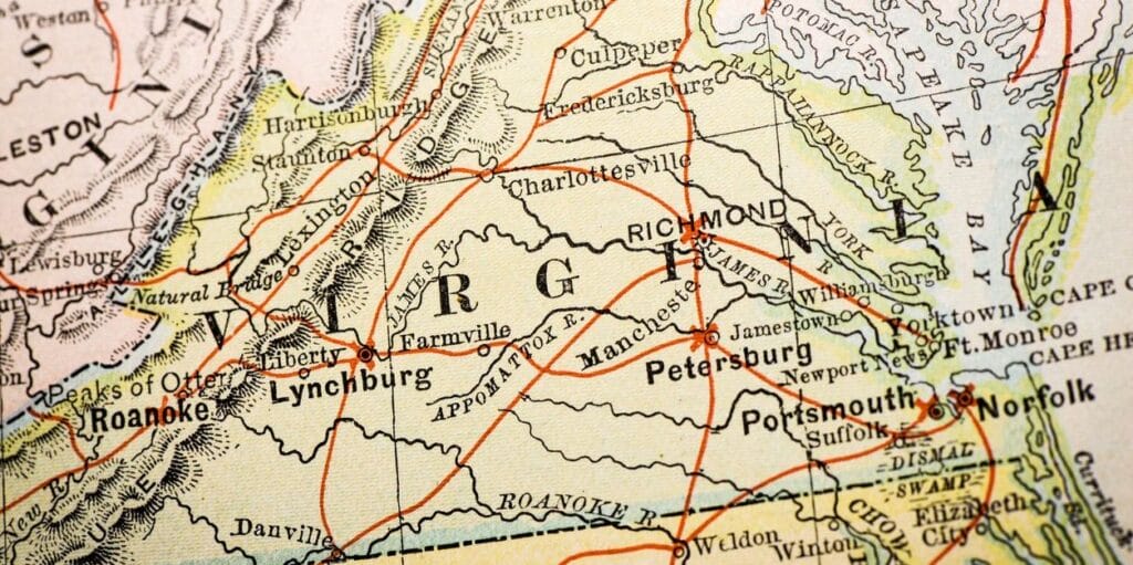 Antique atlas map macro closeup: Virginia