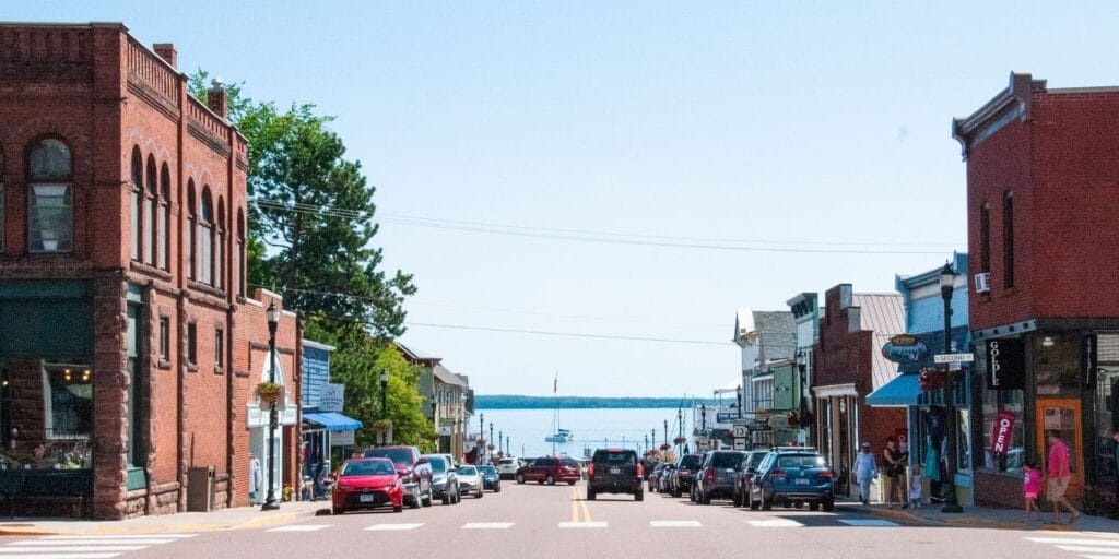 Looking down the Rittenhouse Avenue in Bayfield, Wisconsin, USA.  Lake Superior, one of the Great Lakes can be seen in the background