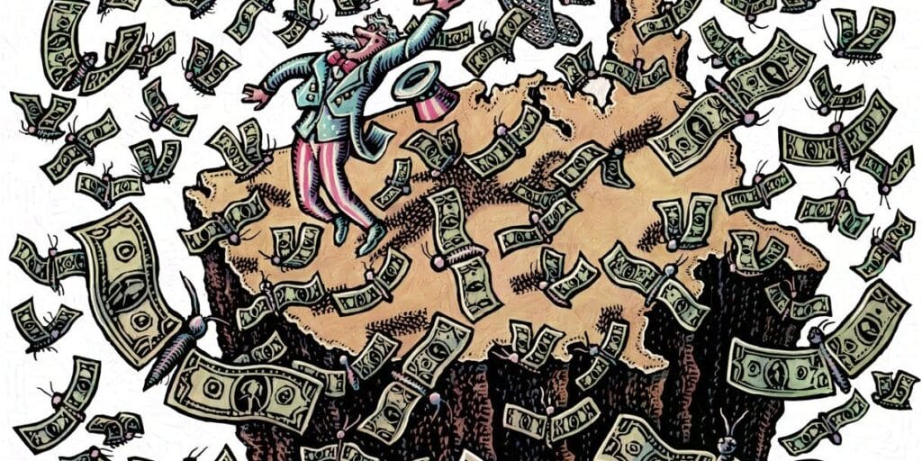 uncle sam on a plateau shaped like the united states tries to grab flying dollars in a butterfly net.